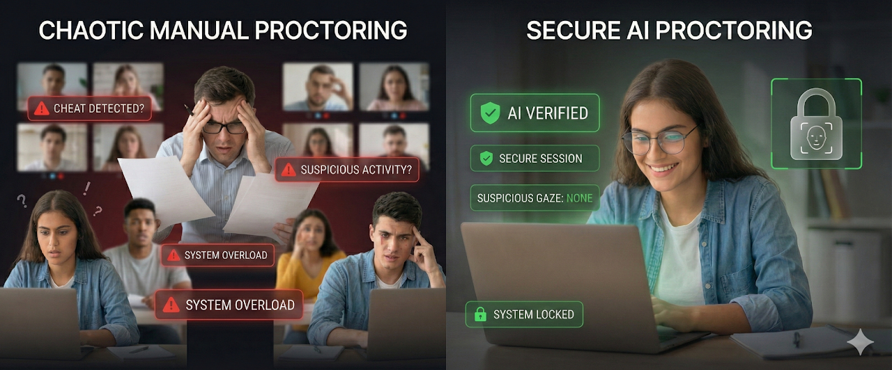 Chaotic manual proctoring compared with secure AI proctoring
