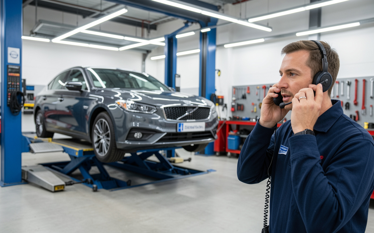 Service advisor on headset in a dealership service bay