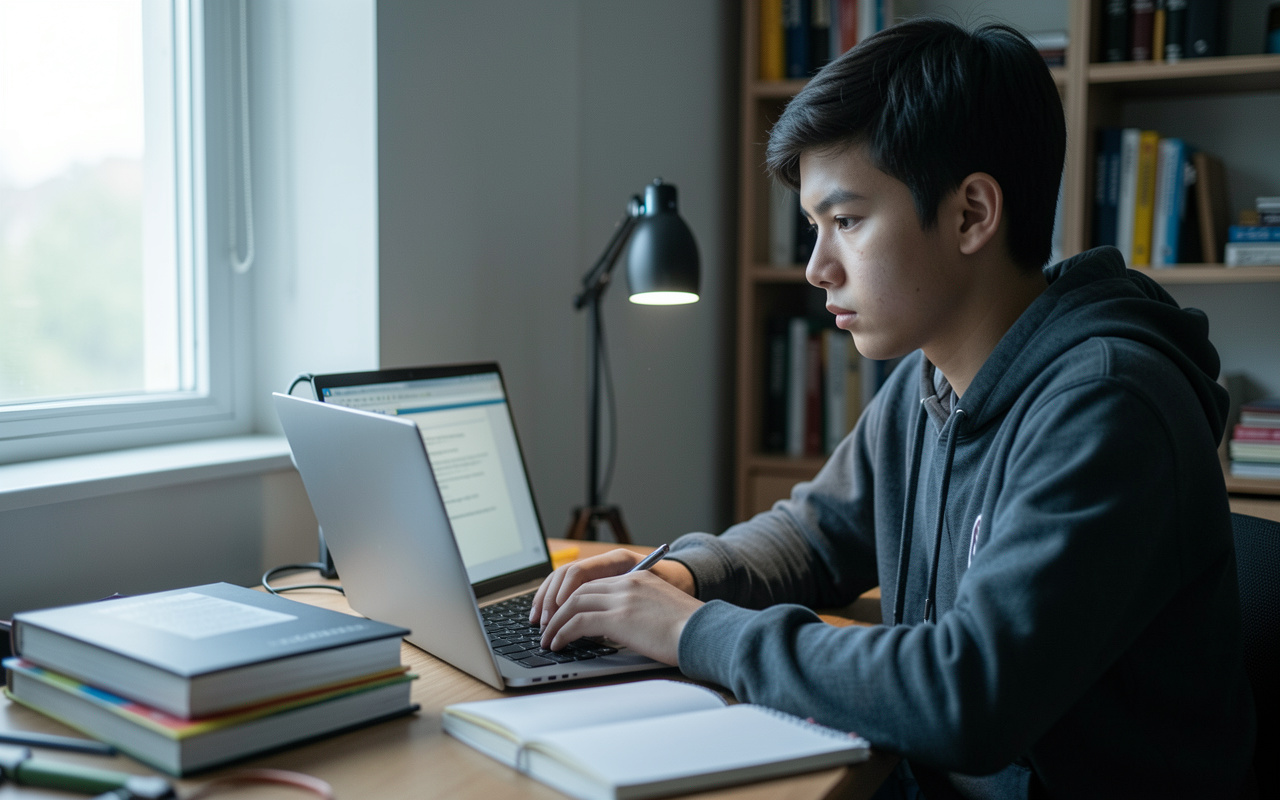 Student taking a remotely proctored exam on a laptop
