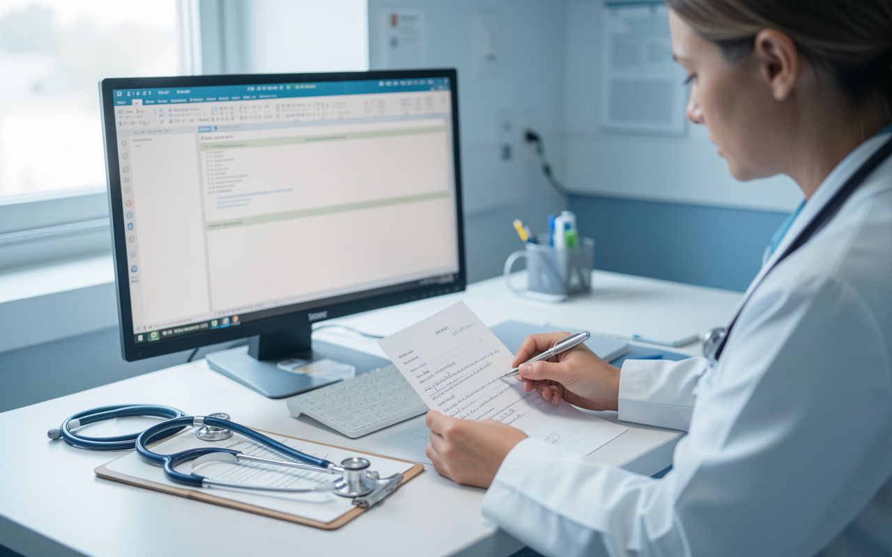 Clinician reviewing a prescription at a clinical workstation