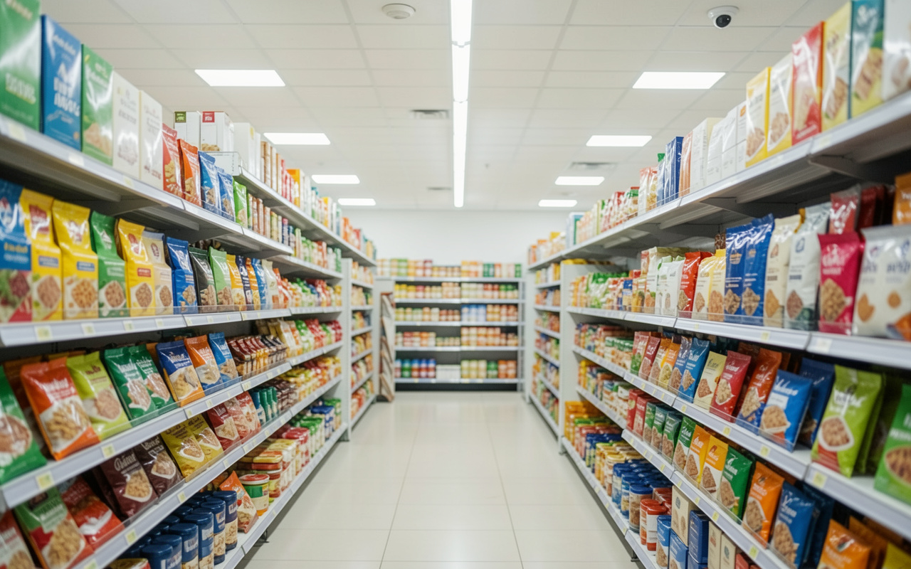 Grocery aisle with ceiling camera for shelf recognition